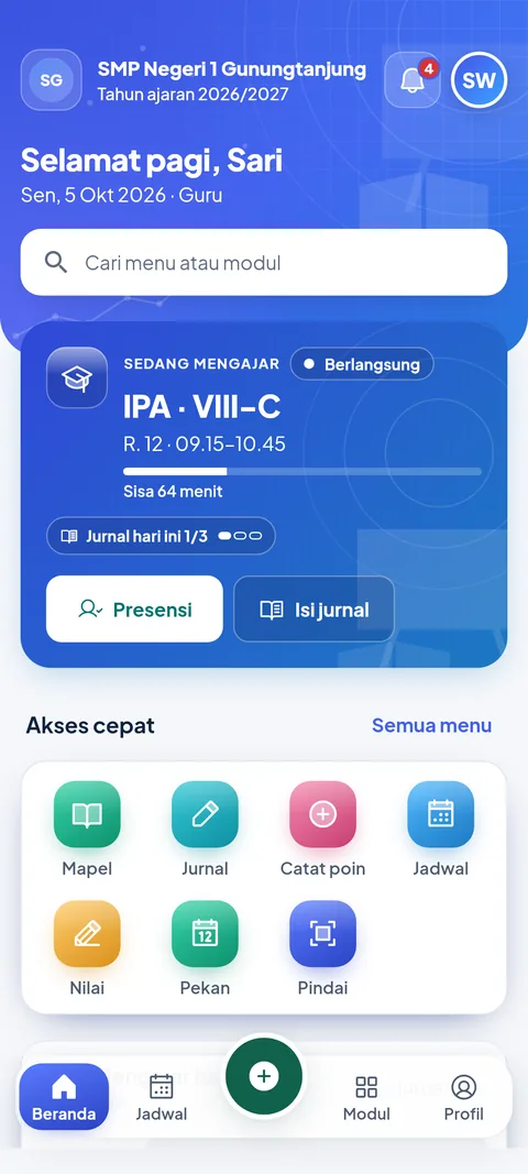Beranda guru di aplikasi SiTuntas: kartu sedang mengajar dengan tombol Presensi dan Isi jurnal, serta akses cepat. Data contoh.