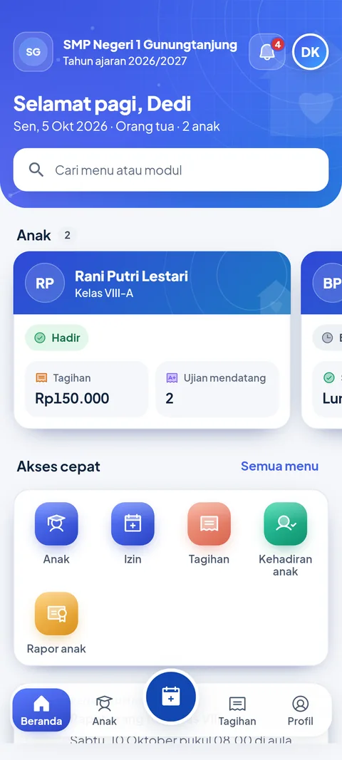 Beranda orang tua di aplikasi SiTuntas: kartu anak dengan status kehadiran, tagihan, dan ujian mendatang. Nama fiktif, data contoh.