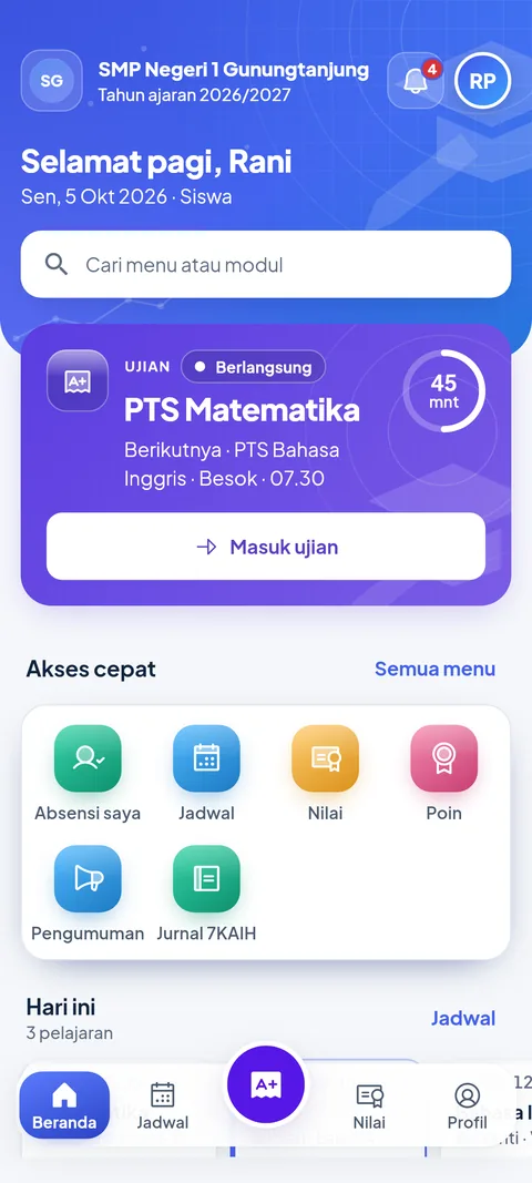 Beranda aplikasi SiTuntas untuk siswa di HP Android, dengan jadwal hari ini dan akses cepat. Data contoh.