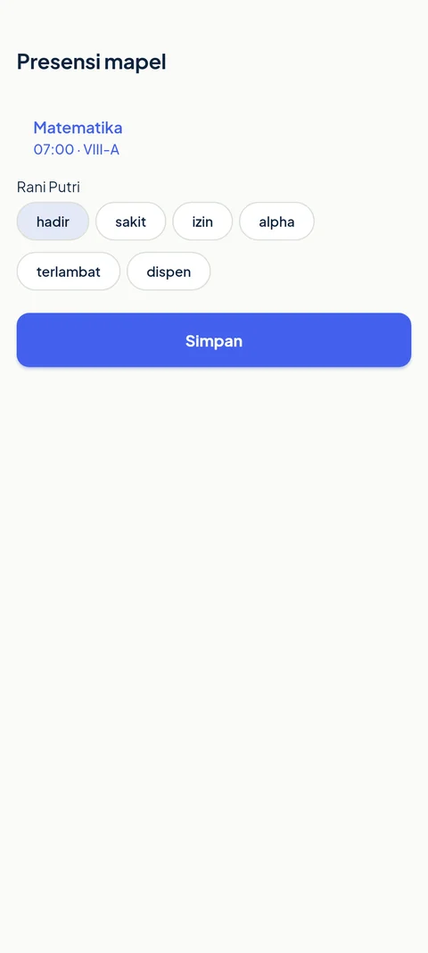 Layar Presensi mapel di aplikasi SiTuntas: mata pelajaran Matematika kelas VIII-A, pilihan hadir, sakit, izin, alpha, terlambat, dan dispen, serta tombol Simpan. Nama fiktif, data contoh.