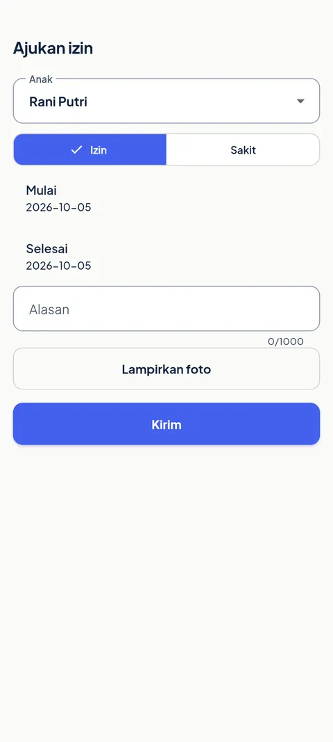 Formulir ajukan izin atau sakit di aplikasi SiTuntas: pilih anak, tanggal, alasan, dan lampiran foto. Nama fiktif, data contoh.