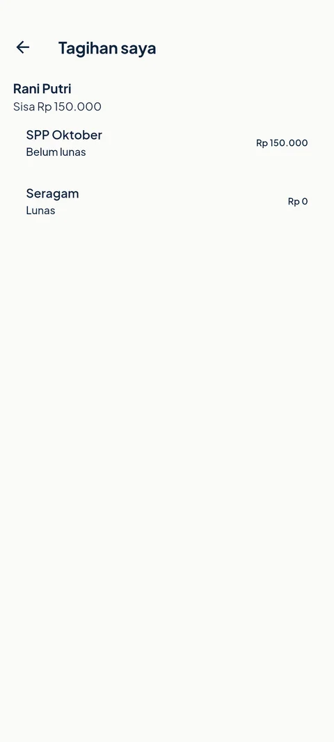 Layar Tagihan saya di aplikasi SiTuntas: sisa tagihan anak, SPP Oktober belum lunas, dan Seragam lunas. Nama fiktif, data contoh.