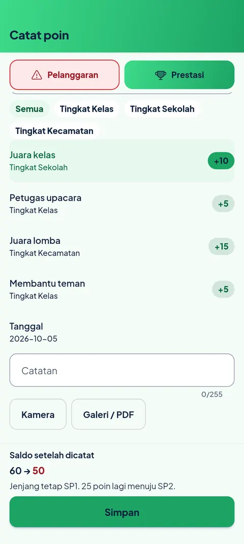 Layar Catat poin prestasi berwarna hijau di aplikasi SiTuntas, berisi pilihan prestasi dan tombol Simpan. Data contoh.