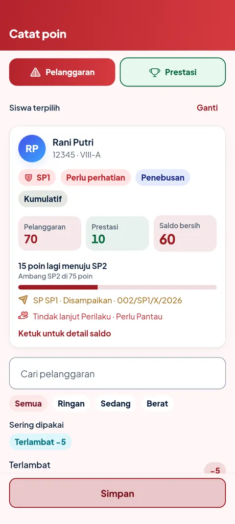 Layar Catat poin pelanggaran di aplikasi SiTuntas dengan ringkasan saldo poin siswa. Nama dan NIS pada gambar fiktif.