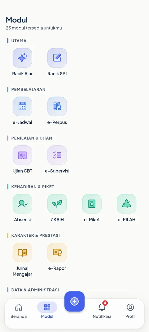 Daftar semua modul di aplikasi SiTuntas, dikelompokkan per kategori seperti pembelajaran, penilaian, dan kehadiran. Data contoh.