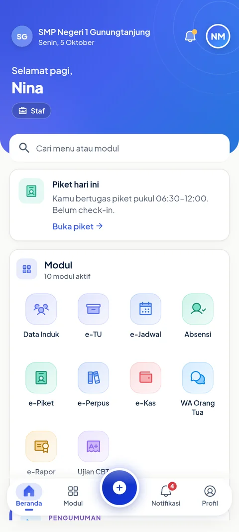 Beranda tendik di aplikasi SiTuntas: sapaan untuk staf, kartu Piket hari ini dengan tombol Buka piket, dan daftar modul sekolah. Nama fiktif, data contoh.