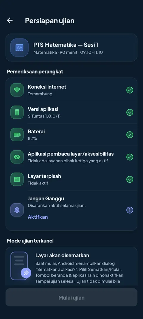 Contoh pemeriksaan perangkat sebelum ujian, termasuk baris aplikasi mengambang. Mode gelap, data contoh.