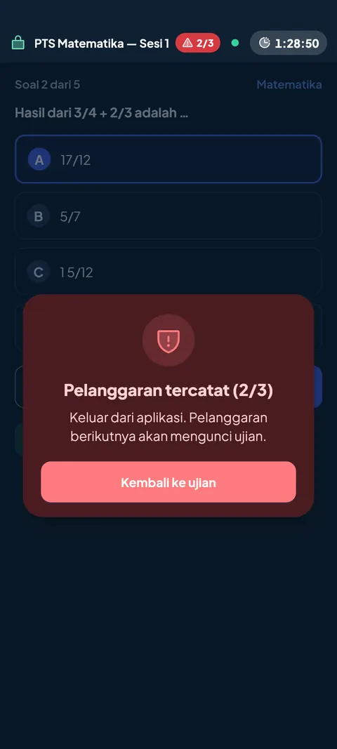 Contoh layar peringatan pelanggaran ujian di aplikasi SiTuntas. Data pada gambar adalah contoh.