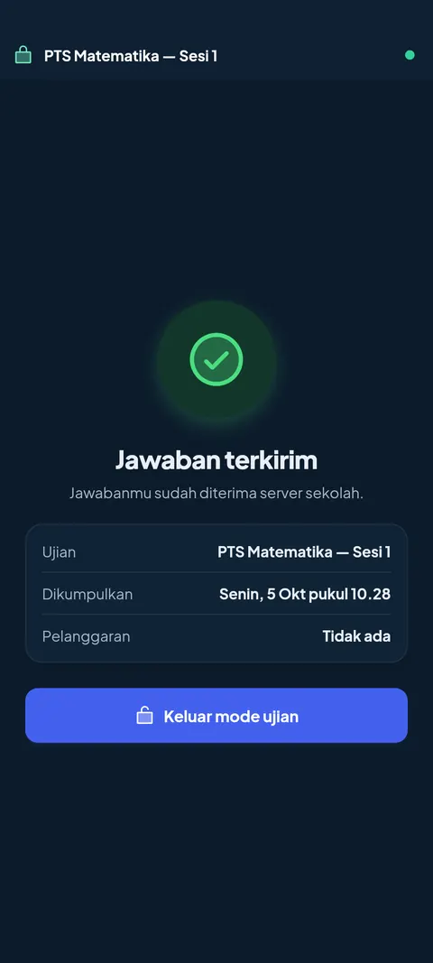 Layar ujian selesai setelah jawaban terkirim. Data contoh.