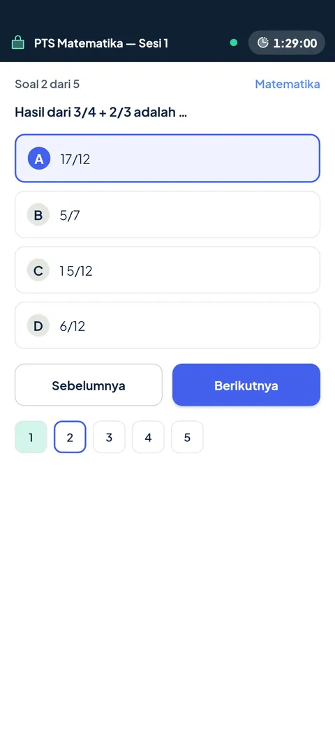 Ujian CBT di Exam Browser aplikasi SiTuntas, layar terkunci. Data contoh.