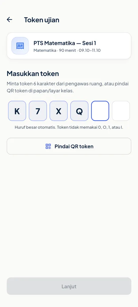 Layar token ujian di aplikasi SiTuntas: enam kotak token dan tombol Pindai QR token. Data contoh.