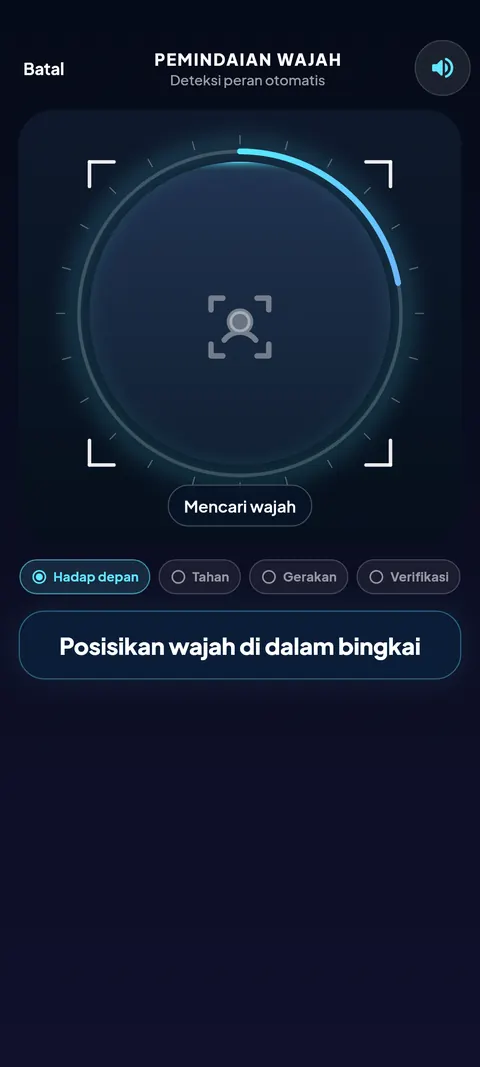 Layar pemindaian wajah di aplikasi SiTuntas dengan petunjuk posisikan wajah di dalam bingkai. Mode gelap, data contoh.