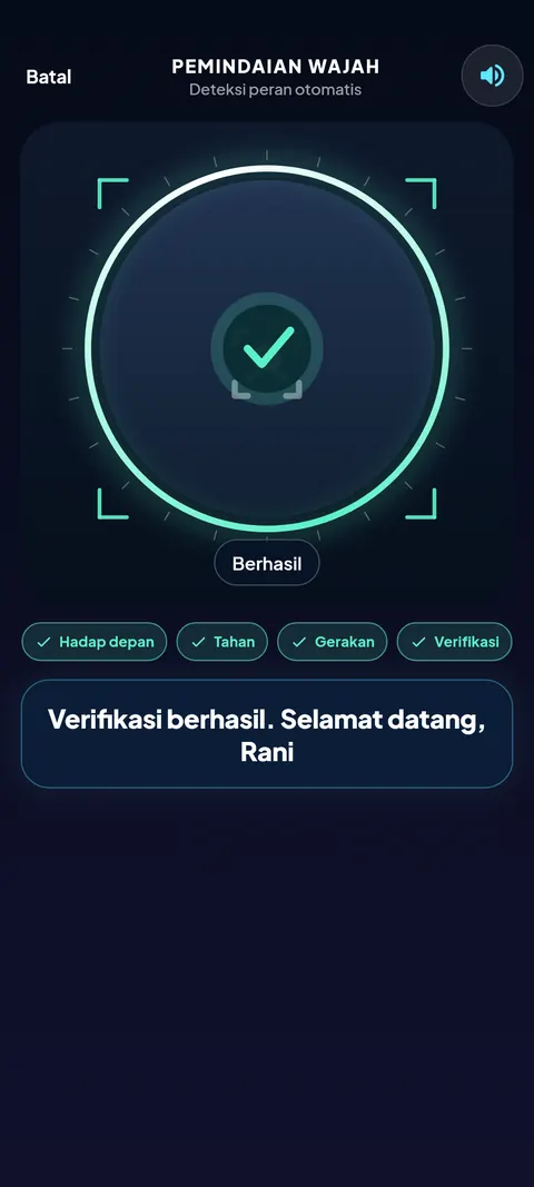 Pemindaian wajah berhasil di aplikasi SiTuntas dengan sapaan Selamat datang, Rani. Nama fiktif, data contoh.
