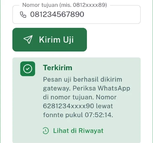 Kirim pesan uji ke nomor orang tua yang tercatat di layar HP