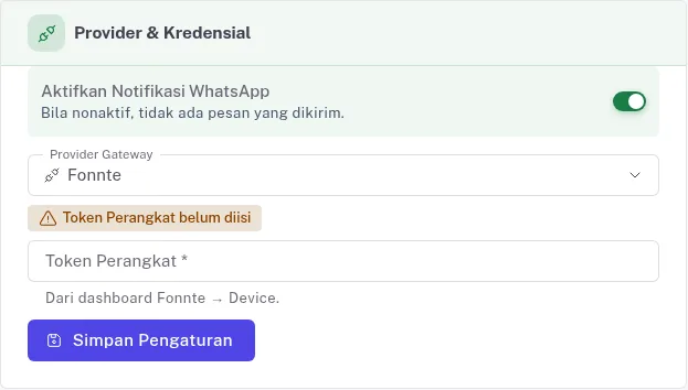 Pilih Fonnte dan tempel token