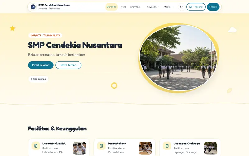 Template website sekolah Ceria untuk TK, PAUD, SD, dan MI, tampilan desktop