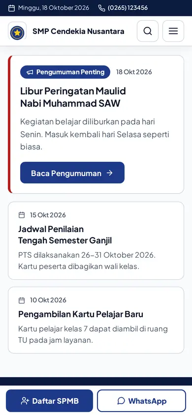 Tampilan website sekolah di HP dengan tombol Daftar SPMB dan WhatsApp di bawah layar