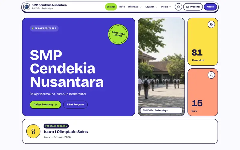 Template premium Jelajah website sekolah untuk SMP dan SMK, tampilan desktop