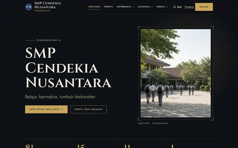 Template premium Prasasti website sekolah bersejarah berlatar gelap, tampilan desktop