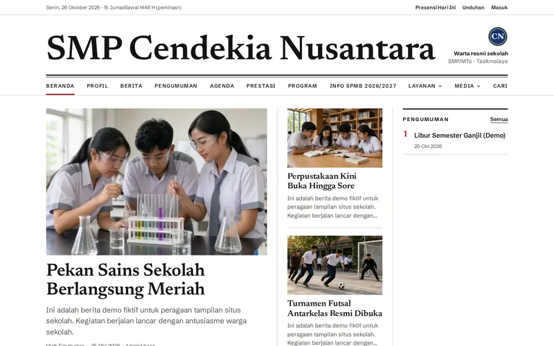 Tema Klasik Warta website sekolah e-Humas, tampilan desktop