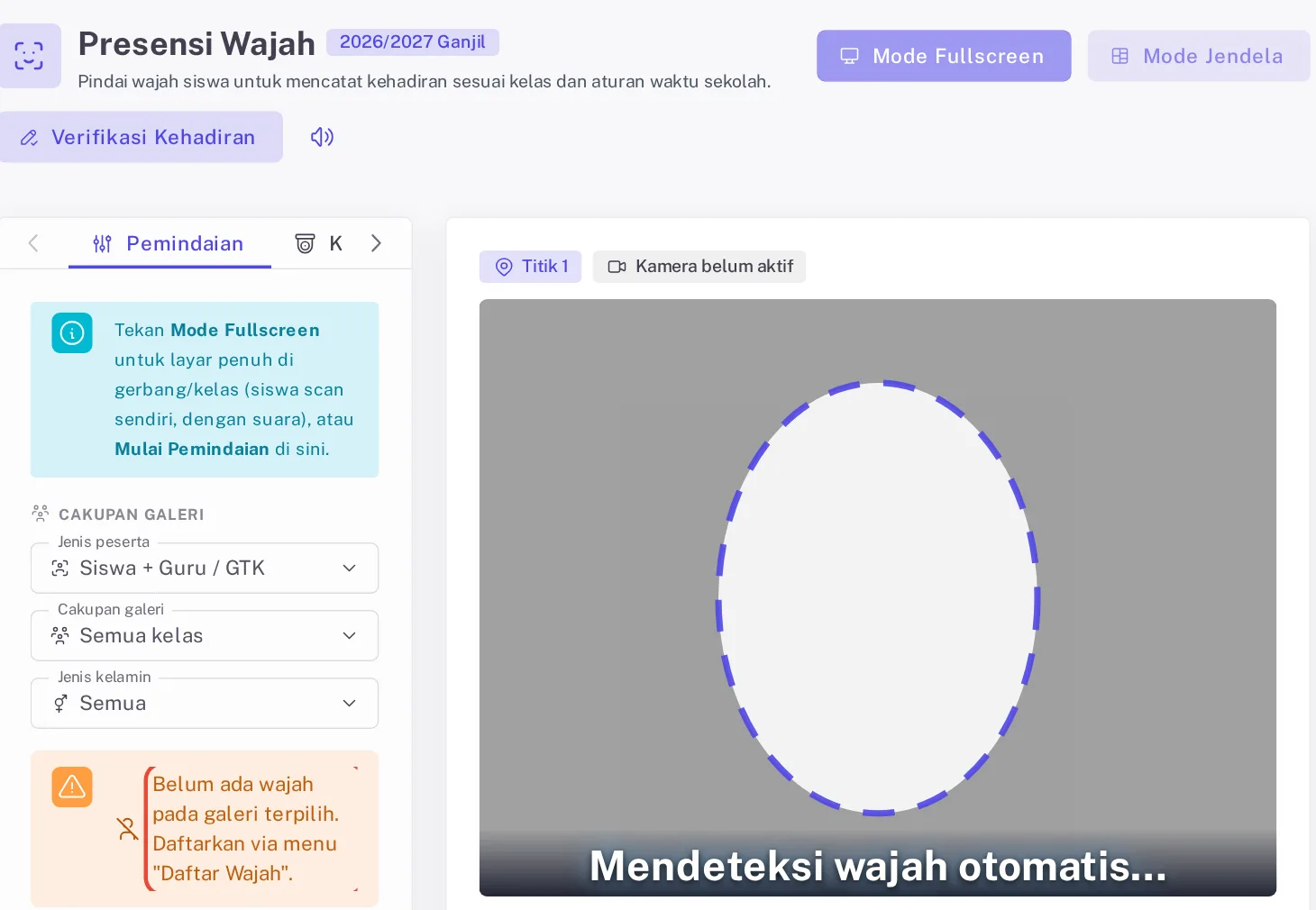 Halaman Presensi Wajah dengan galeri kosong sehingga tombol Mode Fullscreen dan Mode Jendela nonaktif