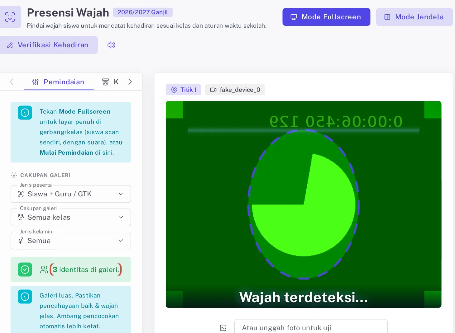 Tab Pemindaian di halaman Presensi Wajah dengan cakupan Siswa + Guru / GTK dan Semua kelas