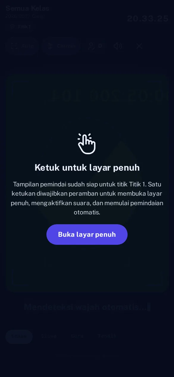 Kios presensi wajah di layar HP yang dibuka dari tab Absensi di bilah bawah