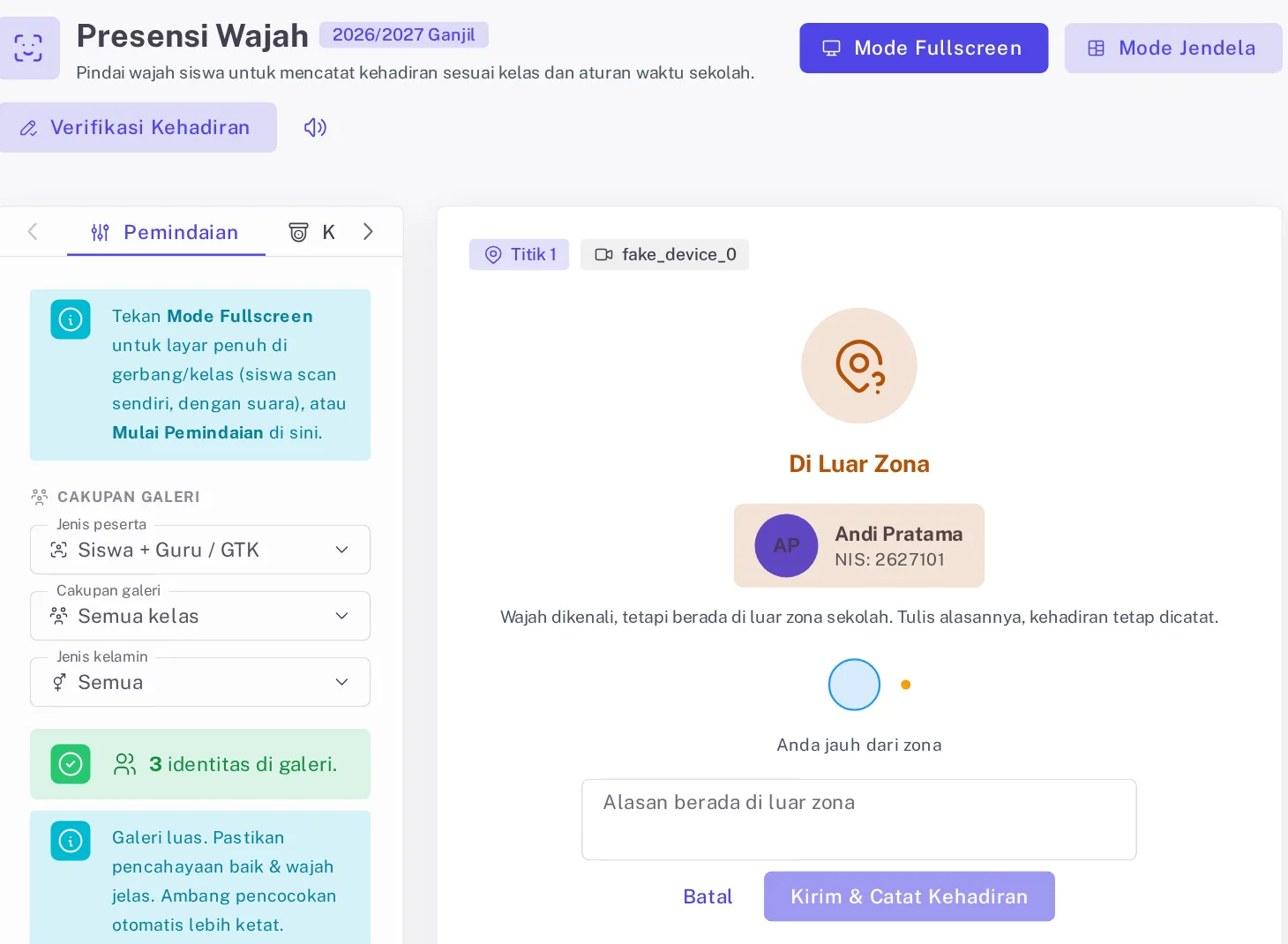 Layar Di Luar Zona dengan kotak Alasan berada di luar zona dan tombol Kirim & catat kehadiran