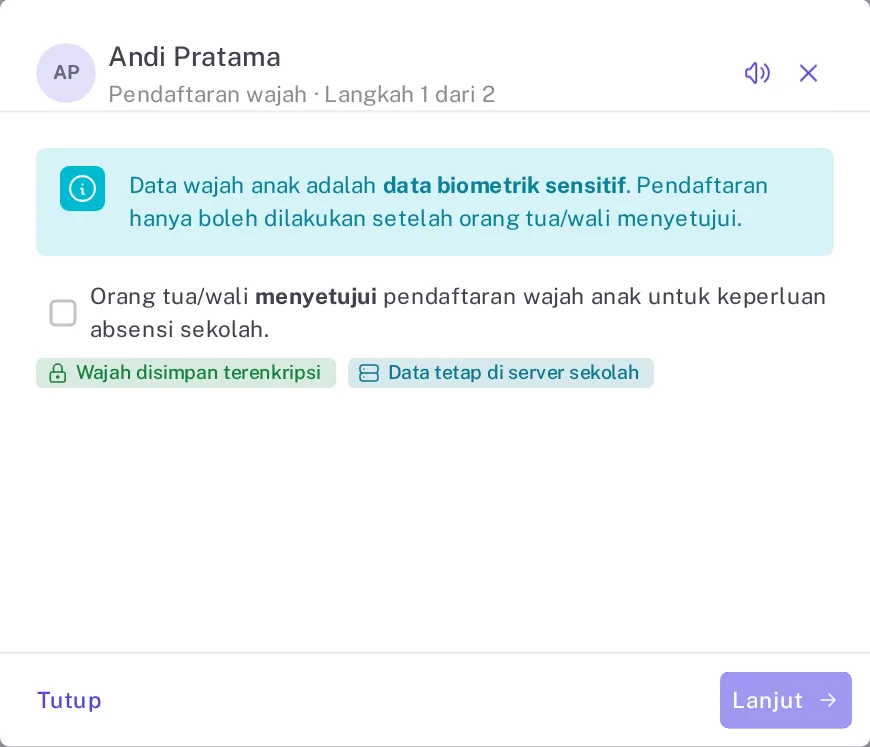 Dialog pendaftaran wajah Langkah 1 dengan centang persetujuan orang tua/wali dan tombol Lanjut