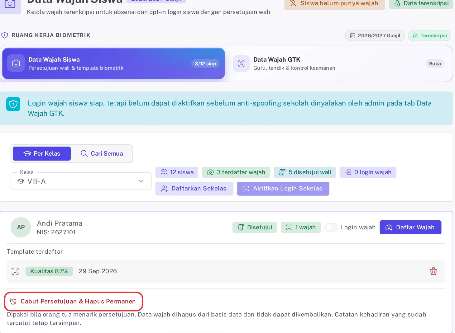 Panel Template terdaftar dengan chip kualitas, tanggal, ikon hapus, dan tombol cabut persetujuan