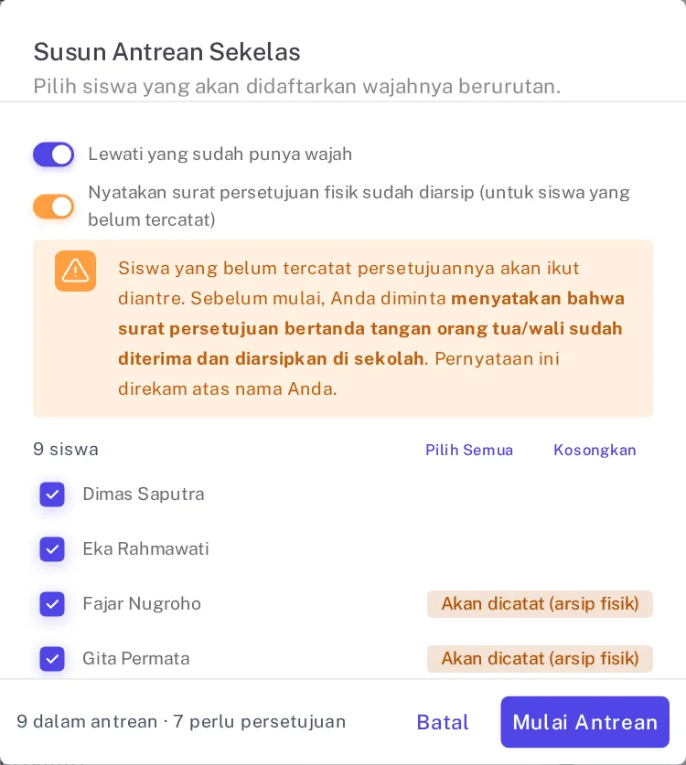 Dialog Susun Antrean Sekelas dengan sakelar arsip surat menyala dan chip Akan dicatat (arsip fisik)