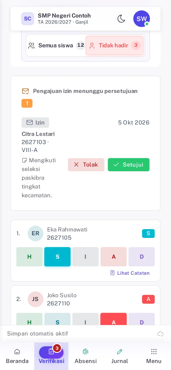 Verifikasi Kehadiran di HP dengan filter Tidak hadir, kartu siswa bertombol H S I A D, dan tab bawah Verifikasi berangka 3