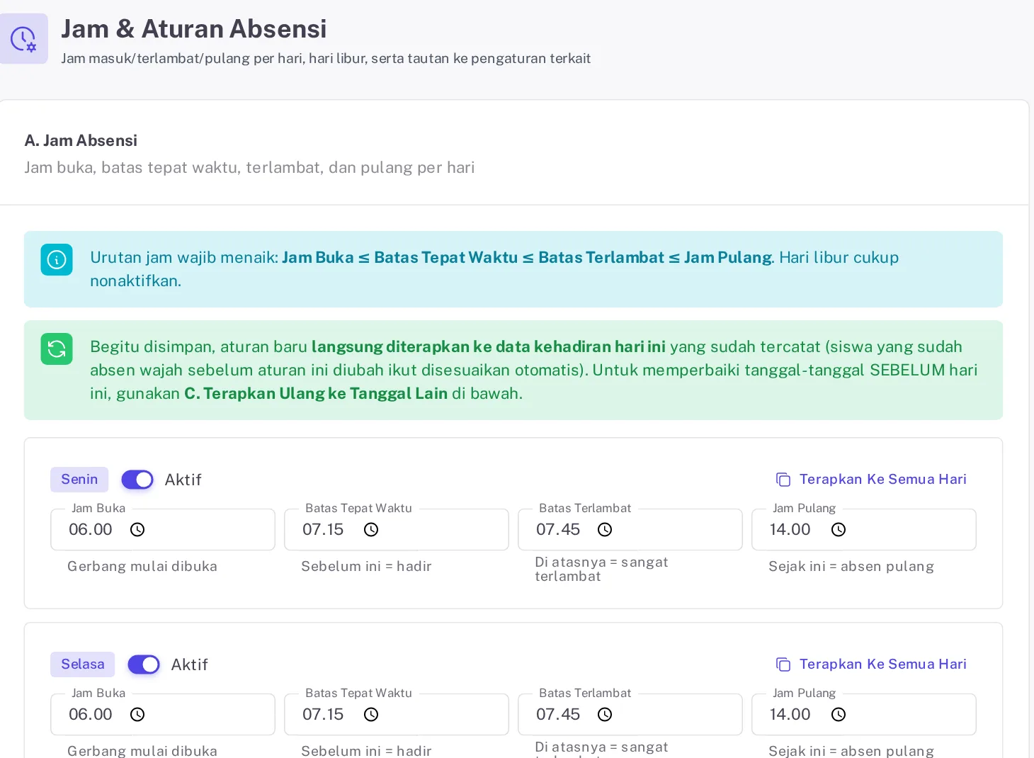 Bagian atas kartu A. Jam Absensi dengan kotak urutan jam, kotak penerapan otomatis, dan kartu Senin serta Selasa berisi empat isian jam