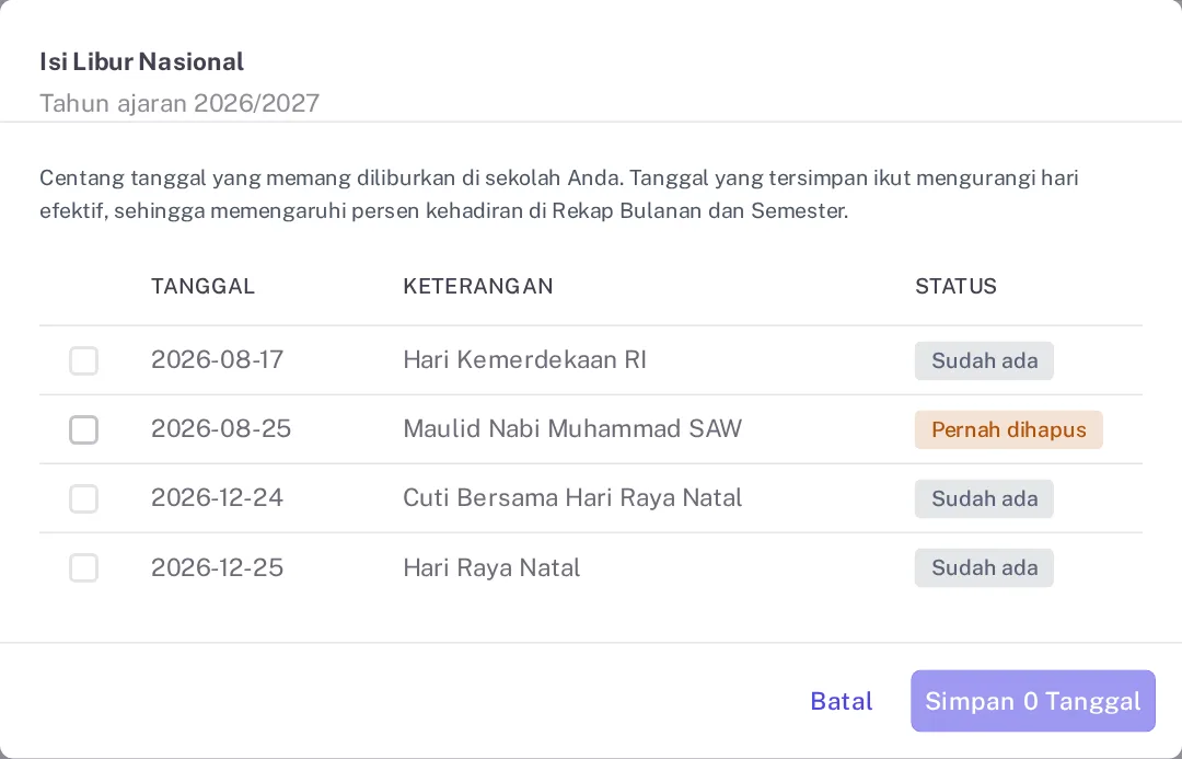 Dialog Isi Libur Nasional dengan status Belum ada, Sudah ada, dan Pernah dihapus