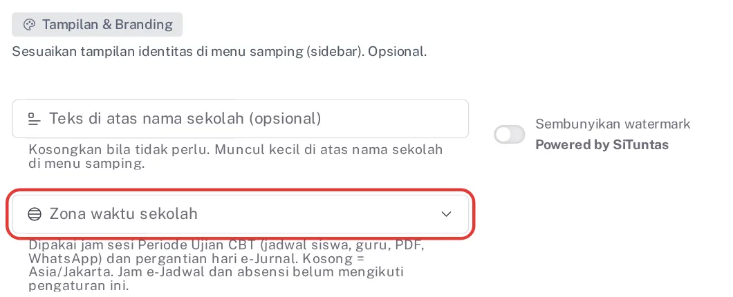 Isian Zona waktu sekolah di Profil Sekolah dengan petunjuk bahwa jam absensi belum mengikutinya