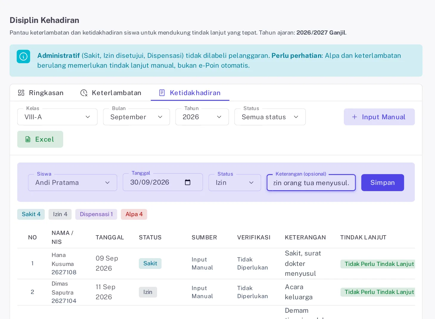 Formulir Input Manual di tab Ketidakhadiran dengan isian Siswa, Tanggal, Status, Keterangan, dan tombol Simpan