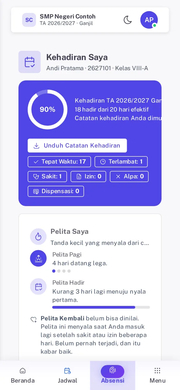 Kartu atas Kehadiran Saya di HP berisi persentase semester, jumlah hadir, dan tombol unduh
