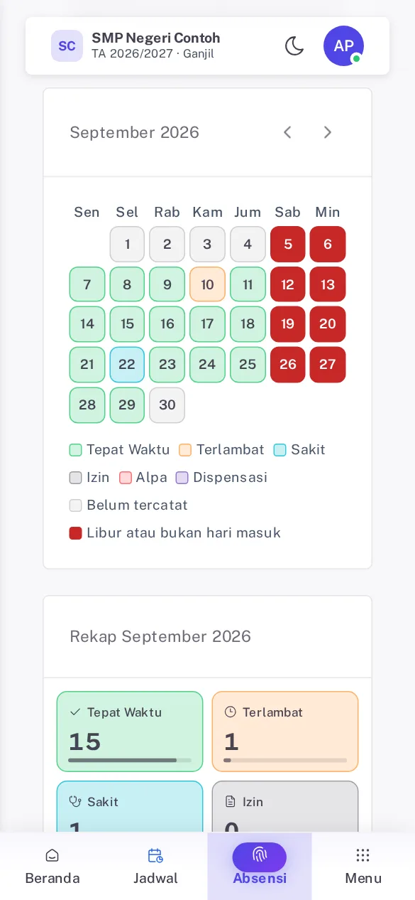 Kalender bulanan Kehadiran Saya dengan warna status, tanggal merah, dan legenda Belum tercatat