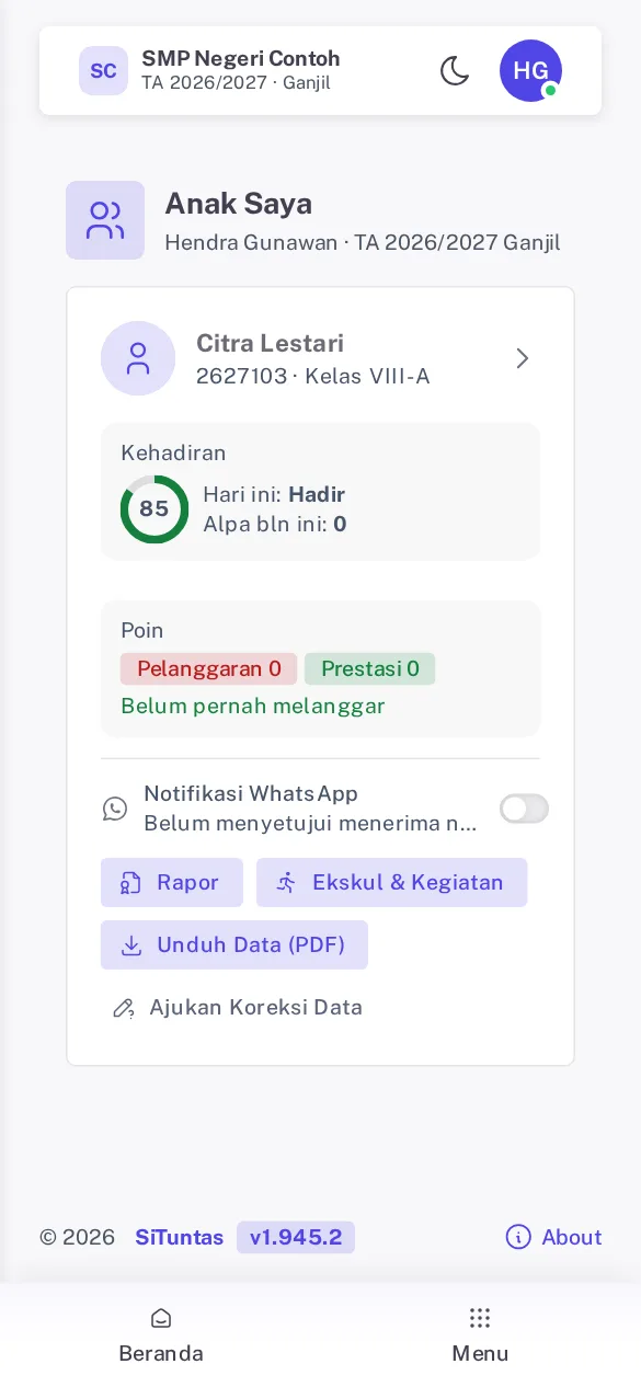 Kartu anak di menu Anak Saya berisi persentase kehadiran, status hari ini, dan jumlah Alpa