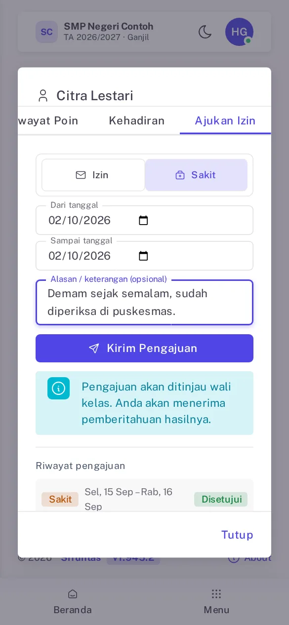 Formulir Ajukan Izin di HP dengan pilihan Sakit, rentang tanggal, alasan, dan tombol Kirim Pengajuan