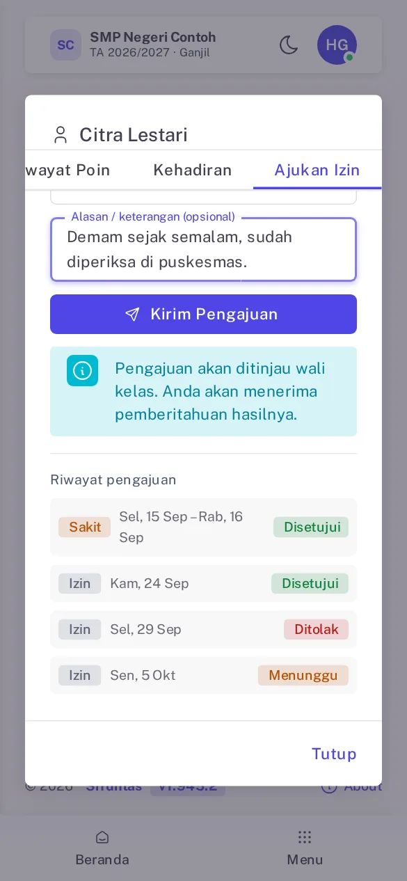 Riwayat pengajuan di portal orang tua berisi chip Disetujui, Ditolak, dan Menunggu