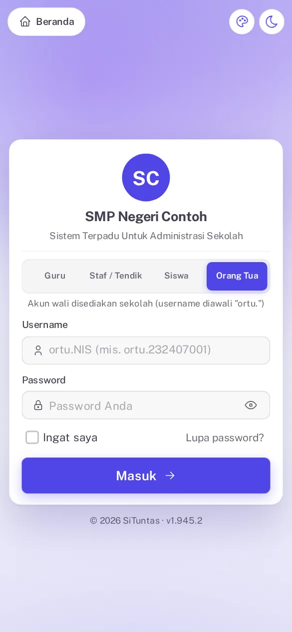 Halaman masuk SiTuntas di HP dengan tab Orang Tua terpilih dan contoh username ortu.NIS