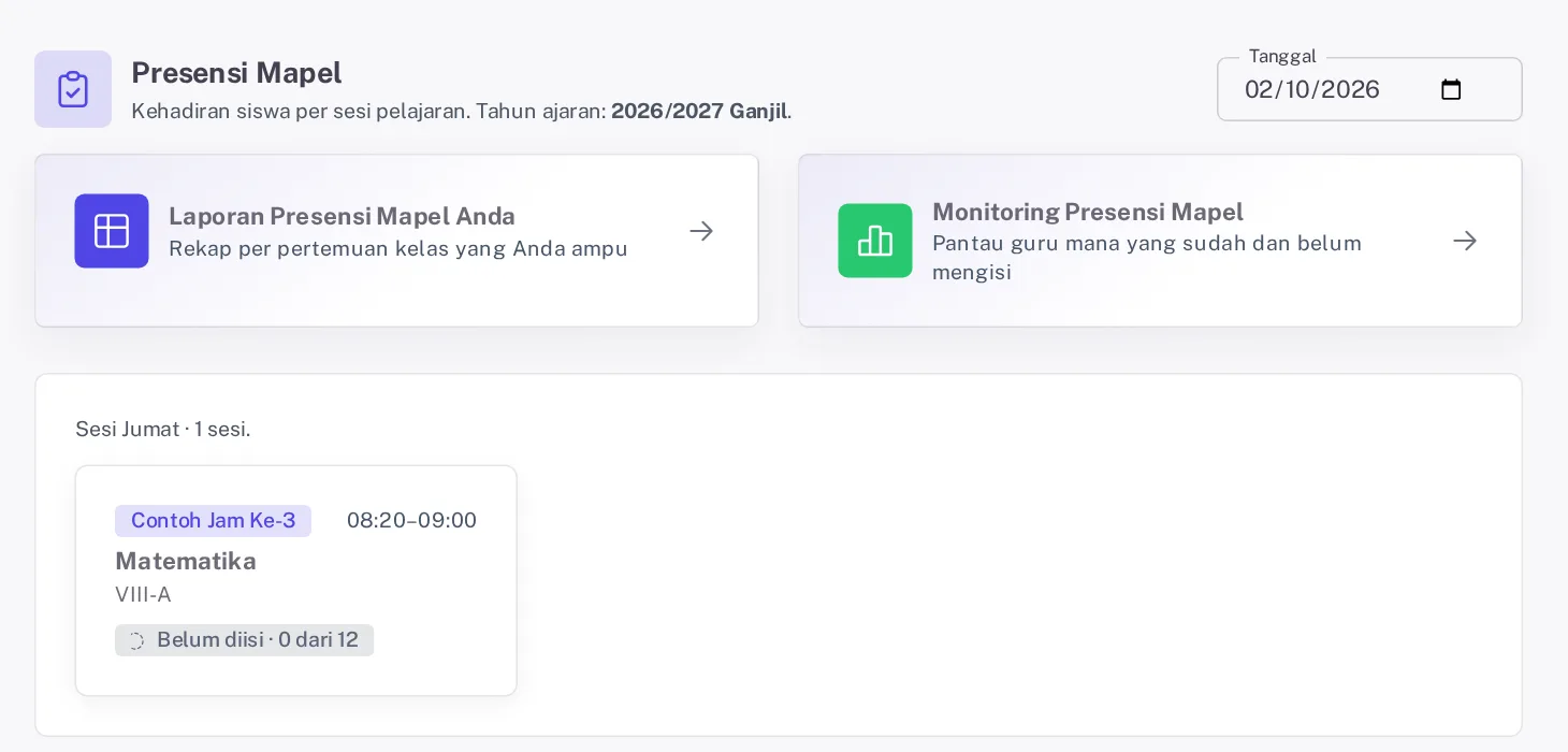 Daftar sesi Presensi Mapel dengan kartu Laporan, kartu Monitoring, dan cip progres di tiap kartu sesi