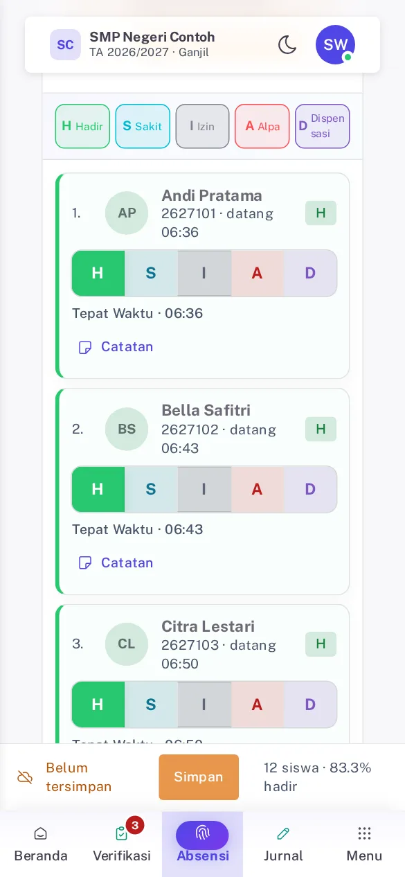 Presensi Mapel di HP dengan kartu siswa, tombol H S I A D, legenda, dan bilah Simpan di bawah