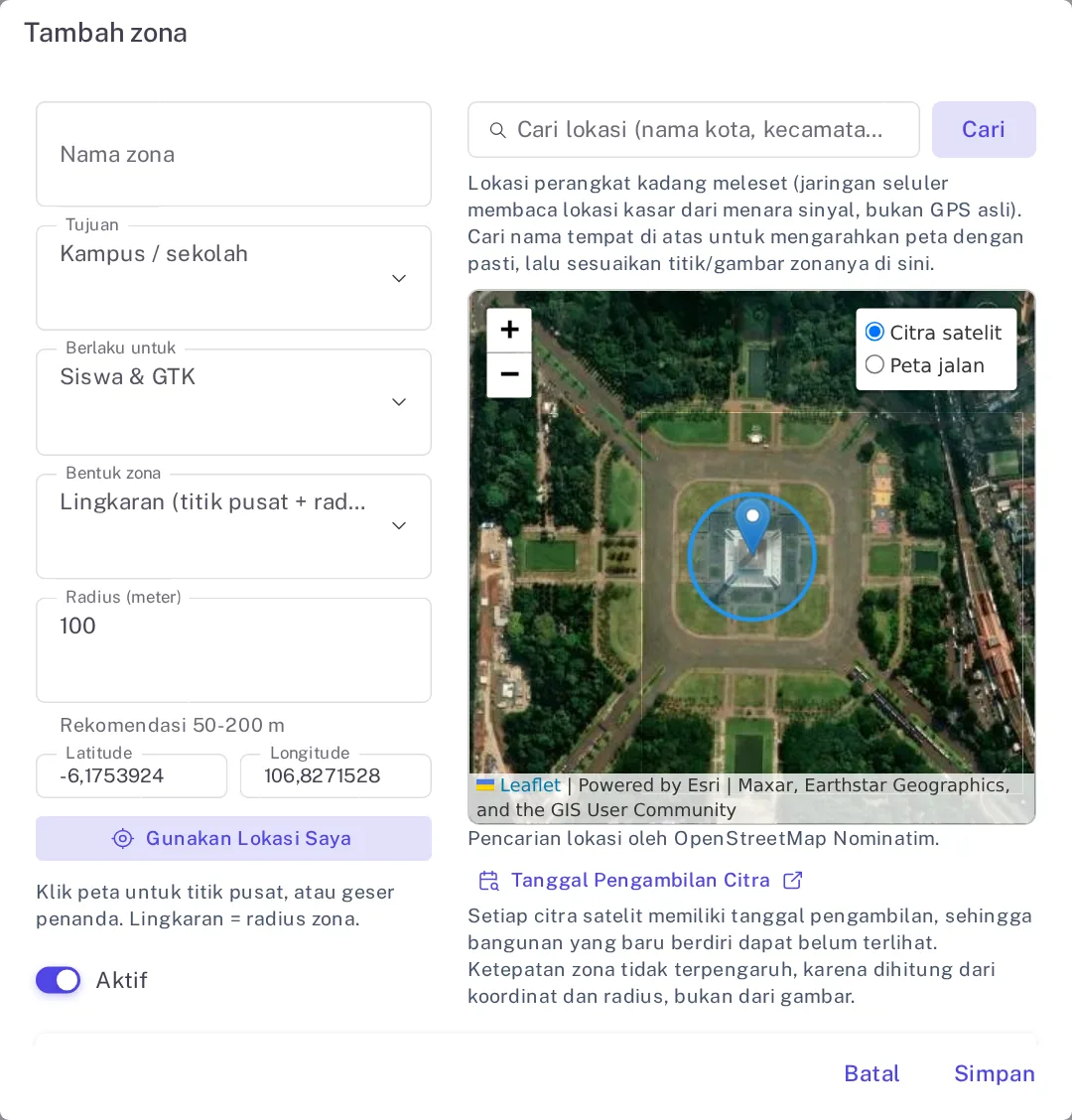 Dialog Tambah zona bentuk lingkaran dengan peta, isian radius, Cari lokasi, dan Gunakan lokasi saya