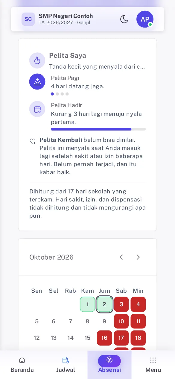 Kartu Pelita Saya di HP dengan Pelita Pagi, Pelita Hadir, dan keterangan Pelita Kembali