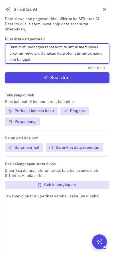 Panel SiTuntas AI untuk membuat draf surat tanpa mengirim data siswa dan pegawai