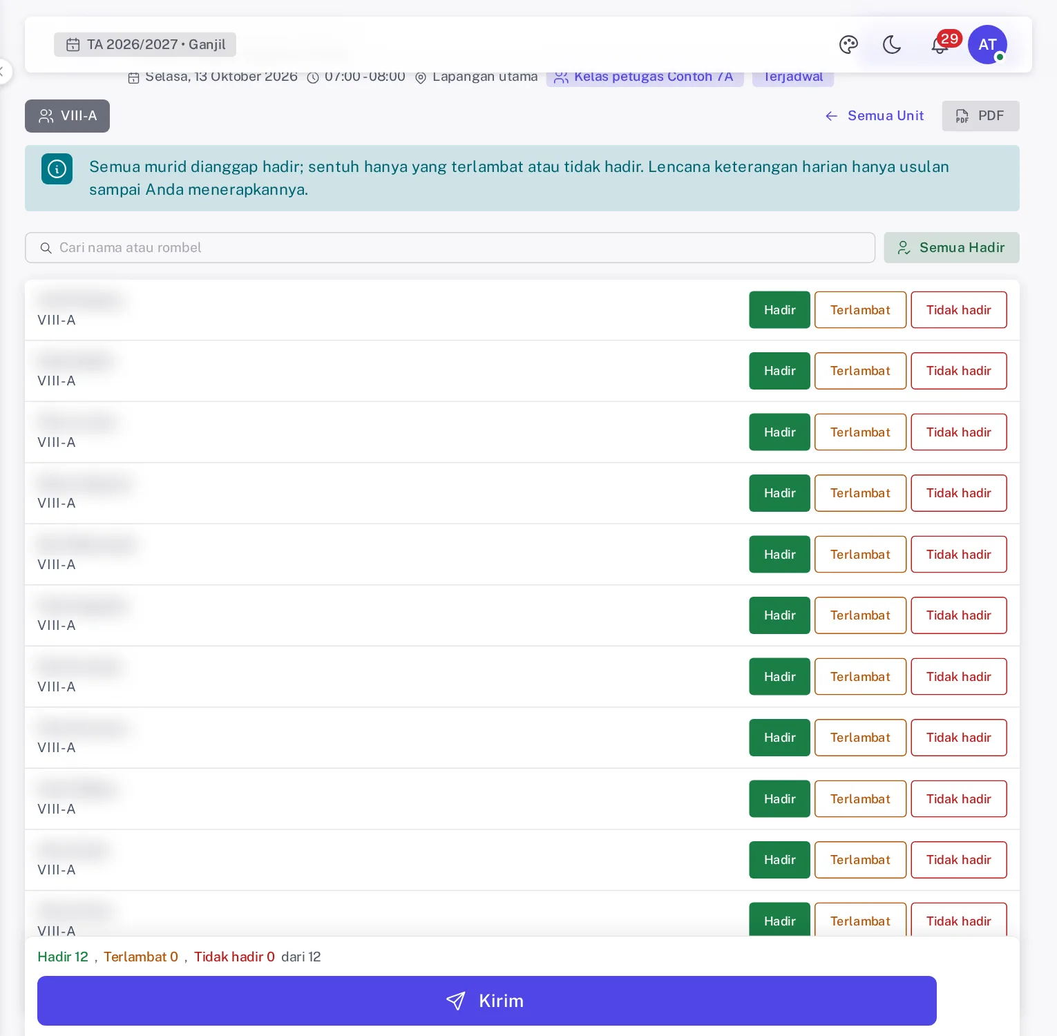 Lembar koreksi manual dengan status hadir terlambat dan tidak hadir