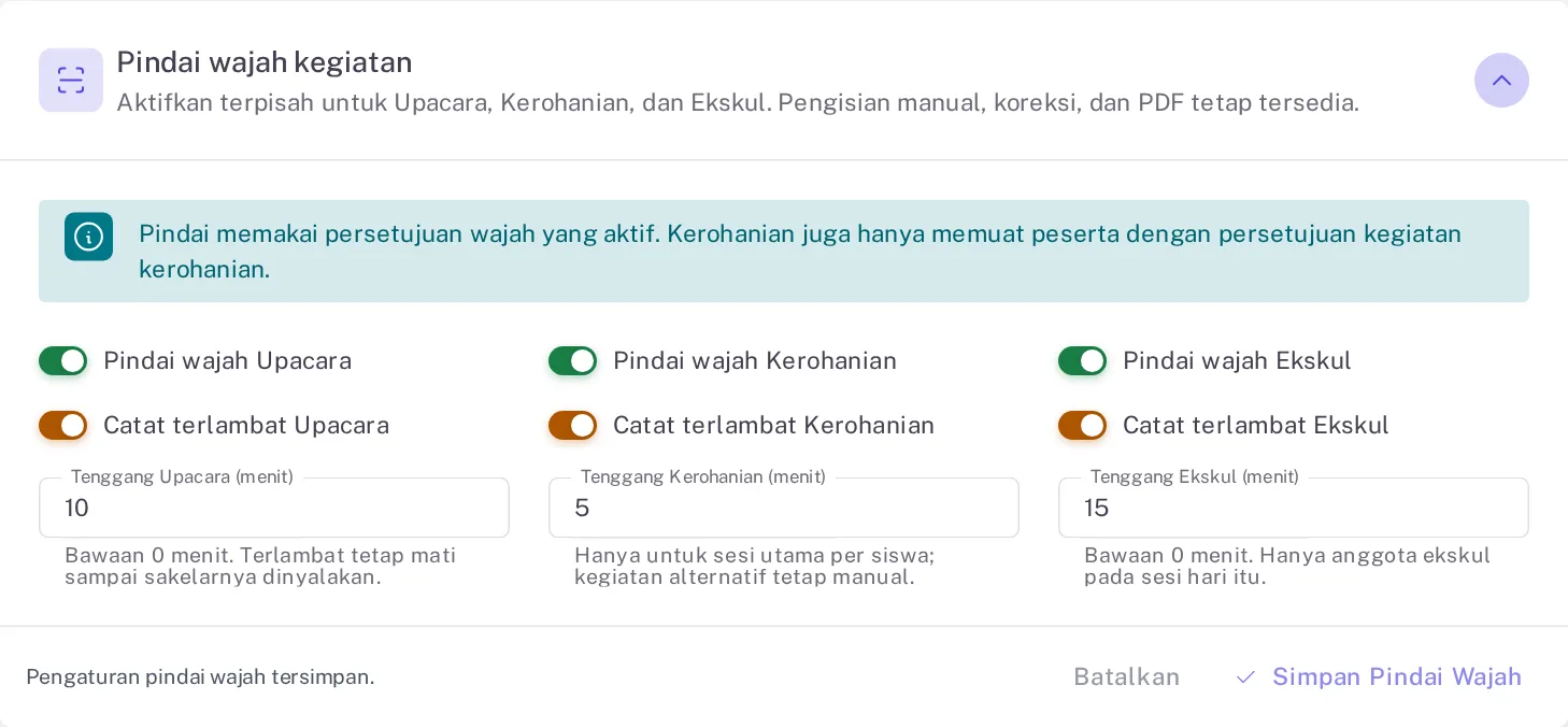 Sakelar pindai wajah untuk upacara kerohanian dan ekskul
