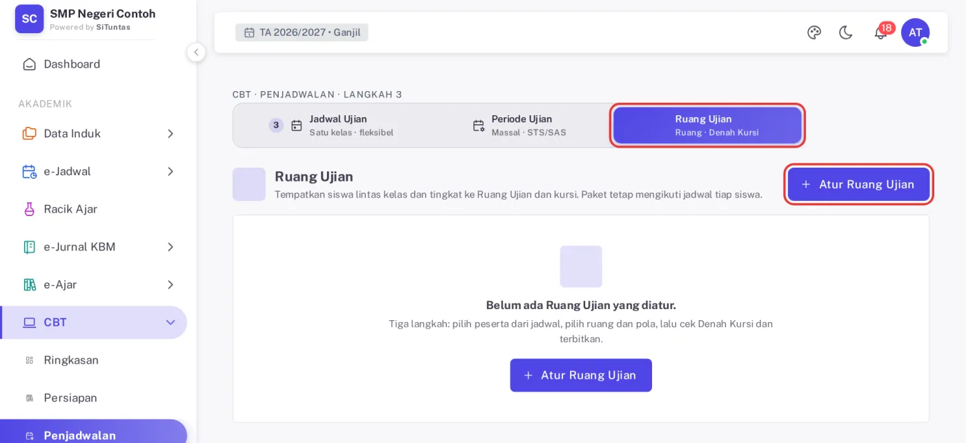 Tab Ruang Ujian di seksi Penjadwalan CBT dengan tombol Atur Ruang Ujian